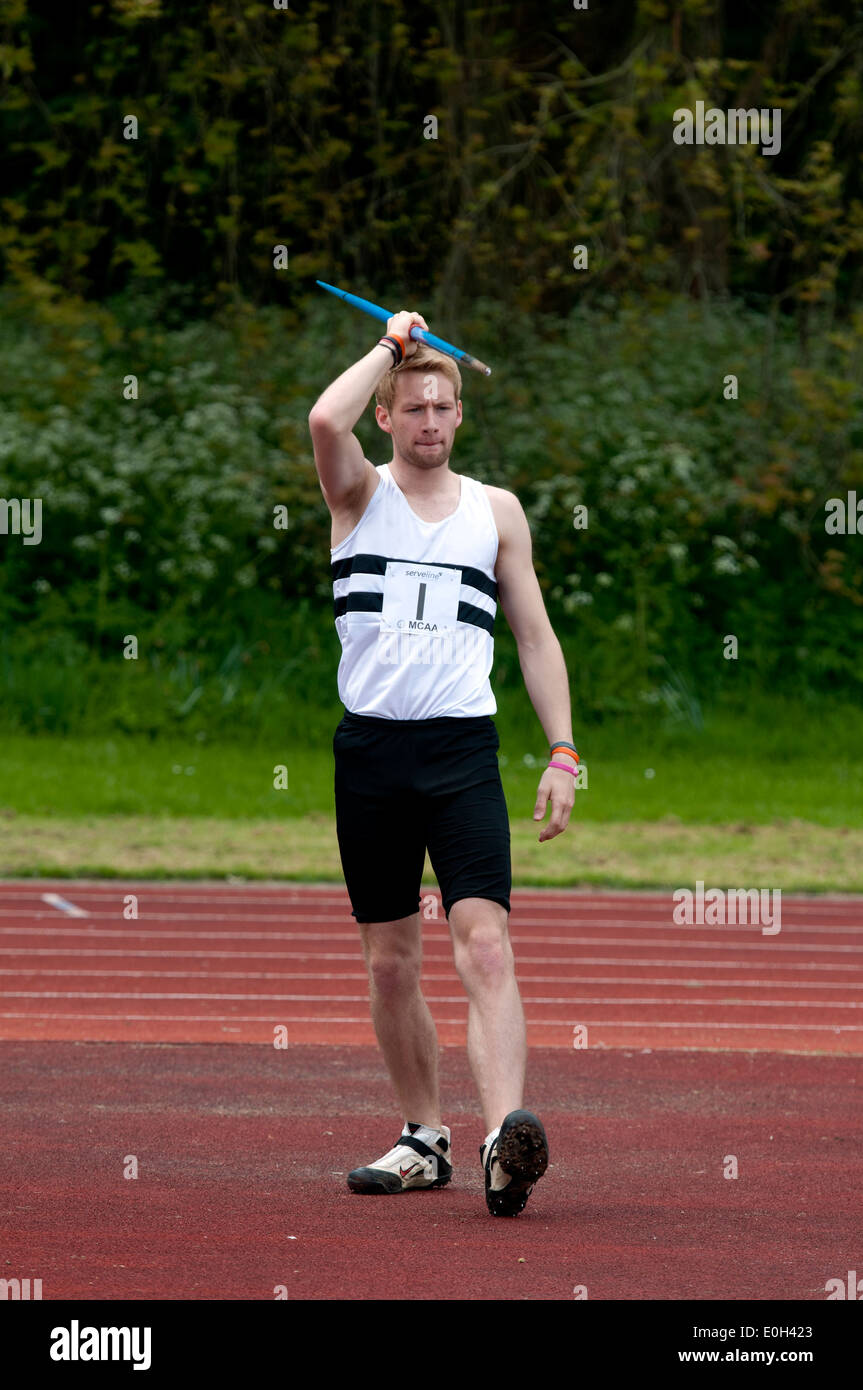 Athletics, competitor in men`s javelin at club level, UK Stock Photo Alamy